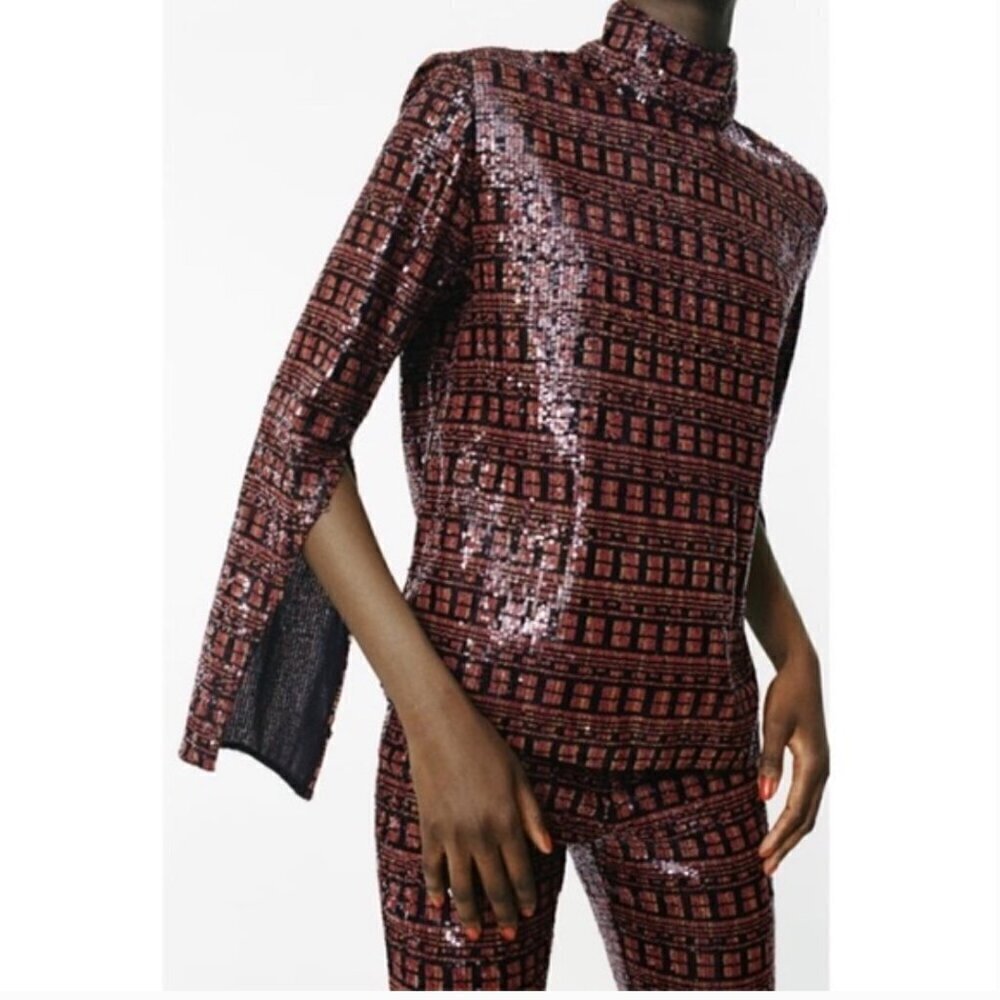 Zara Sequin Plaid‎ Shirt Top Medium Slit Cuff Mock Neck Blogger Favorite Black
